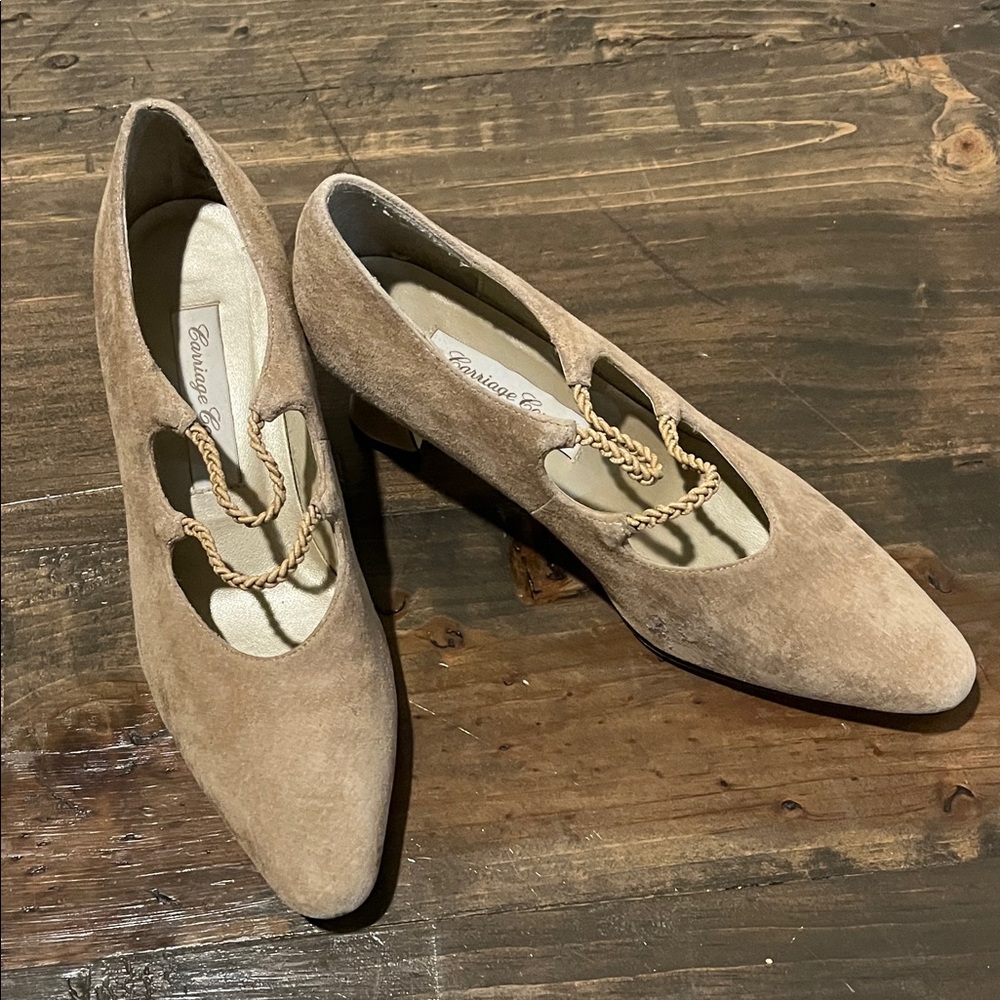 Braided-Accent Pointed Suede Flats - Beige
